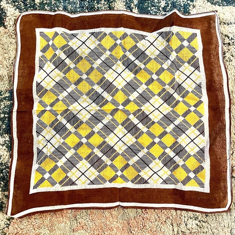 Vintage Yellow Plaid Handkerchief Brown Mid Century Retro Mod 1950s Neck Scarf